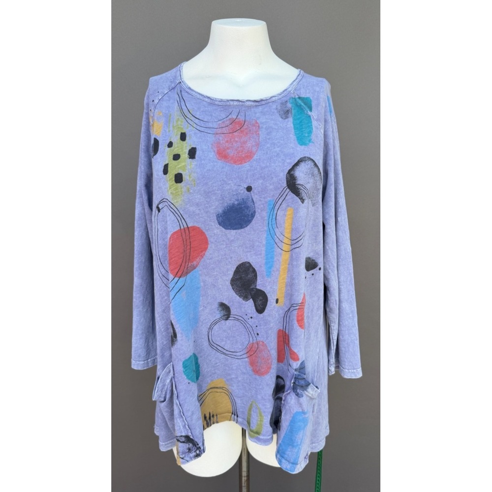 Jess & Jane Tunic Top Oversized Large Gray Colorful Graphic Pockets Mineral Wash